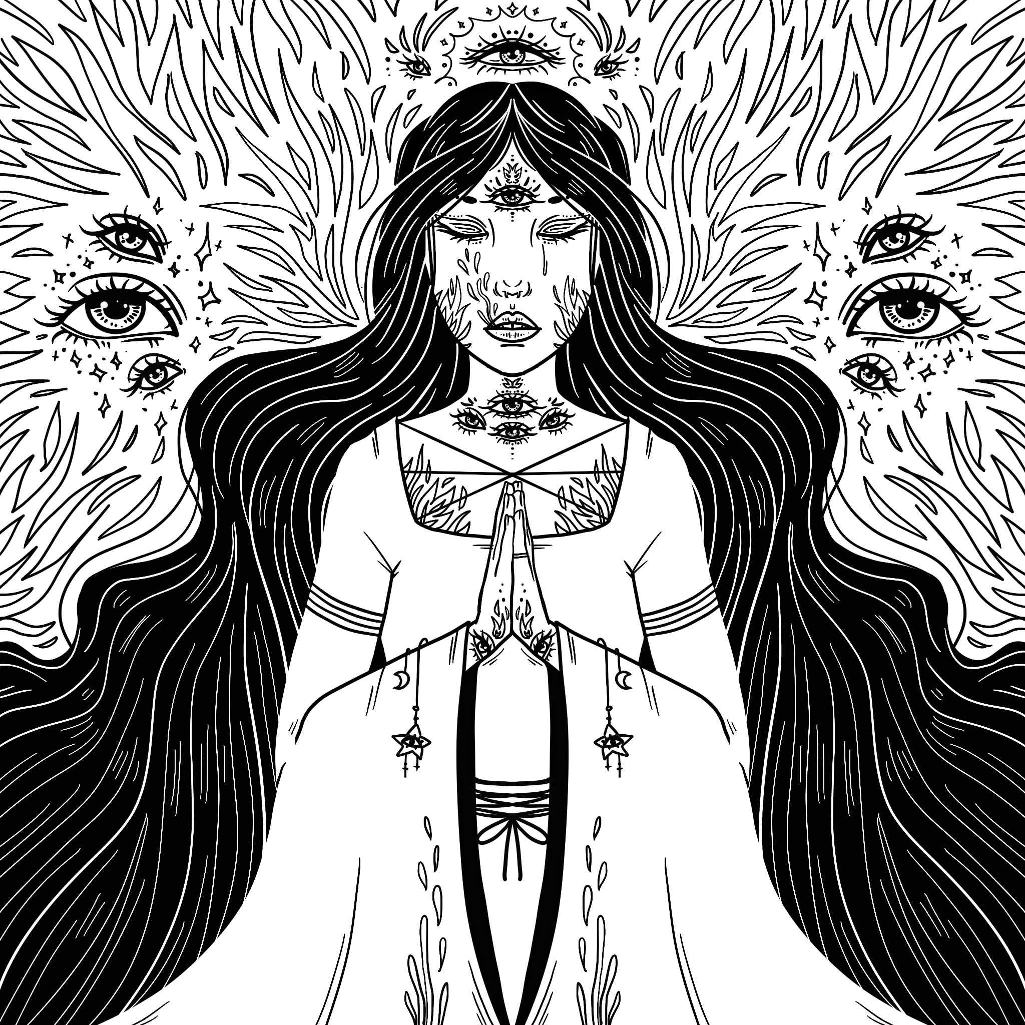 digital symmetrical ink drawing of a mystic woman with long black hair. She is praying. Eyes adorn large parts of the drawing.