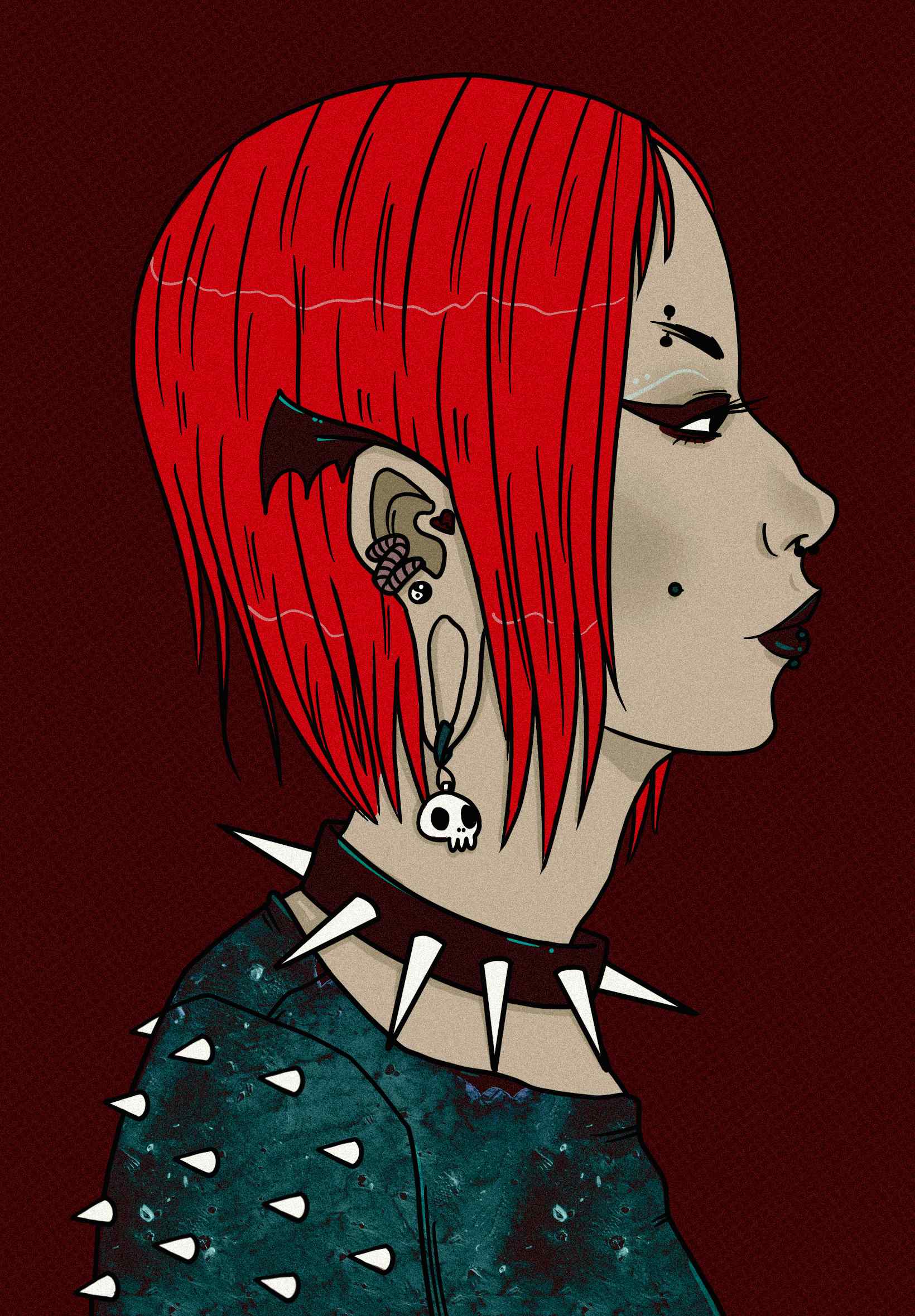 digital color cartoon style portrait of a woman with bright red hair, a spiked shirt, and spiked collar.