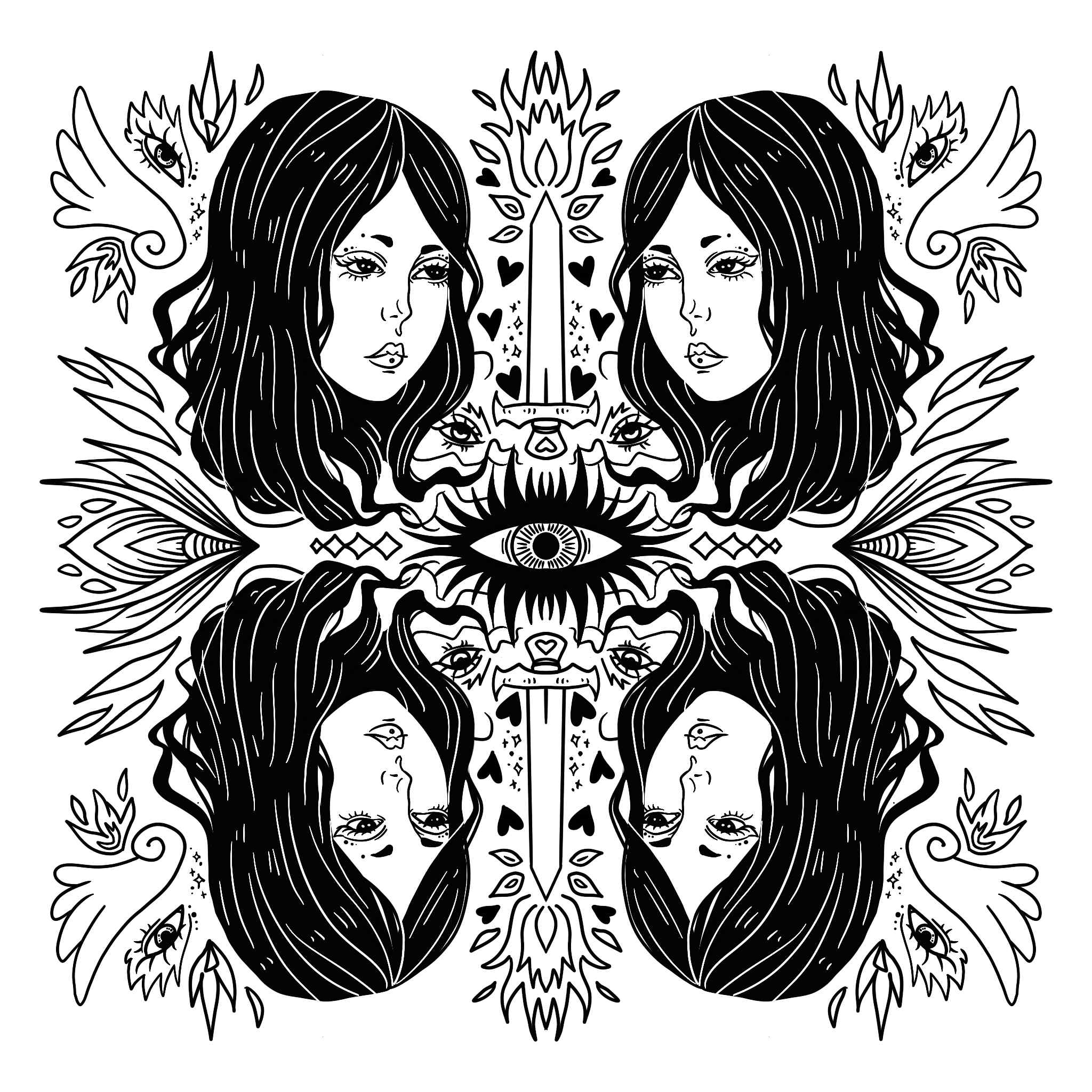digital 4 way symmetrical ink drawing of a girl with black hair, swords, wings, and eyes.