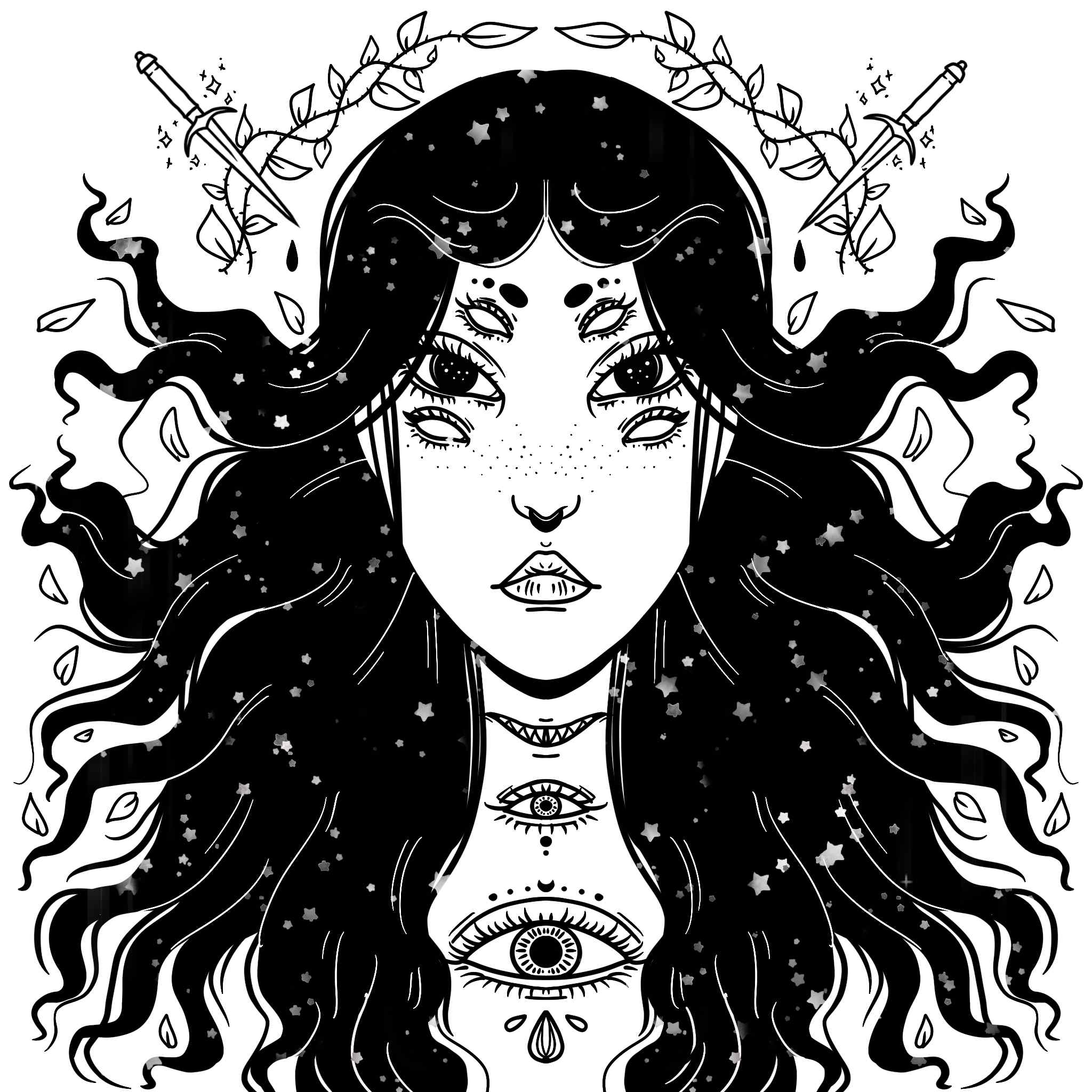 digital symmetrical ink drawing of a girl with black hair and 6 eyes. There are eyes and a mouth with teeth bared on her neck, and swords above her head.