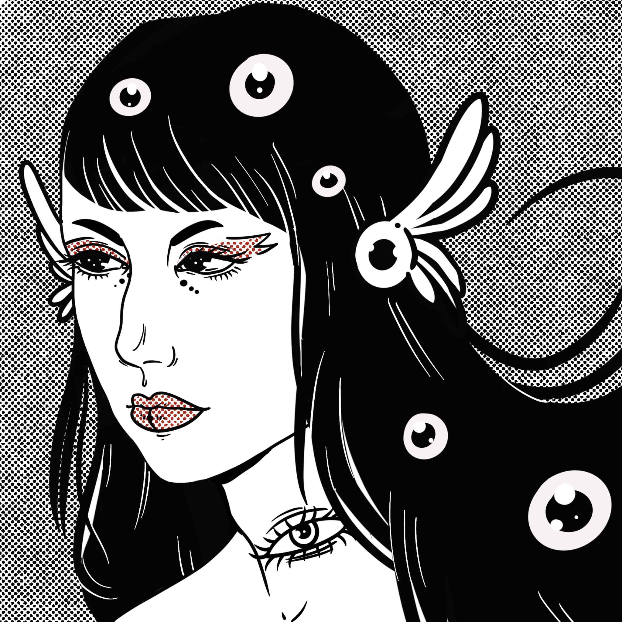 digital ink portrait of a woman with long black hair. There are eyes in her hair and an eye on her neck.