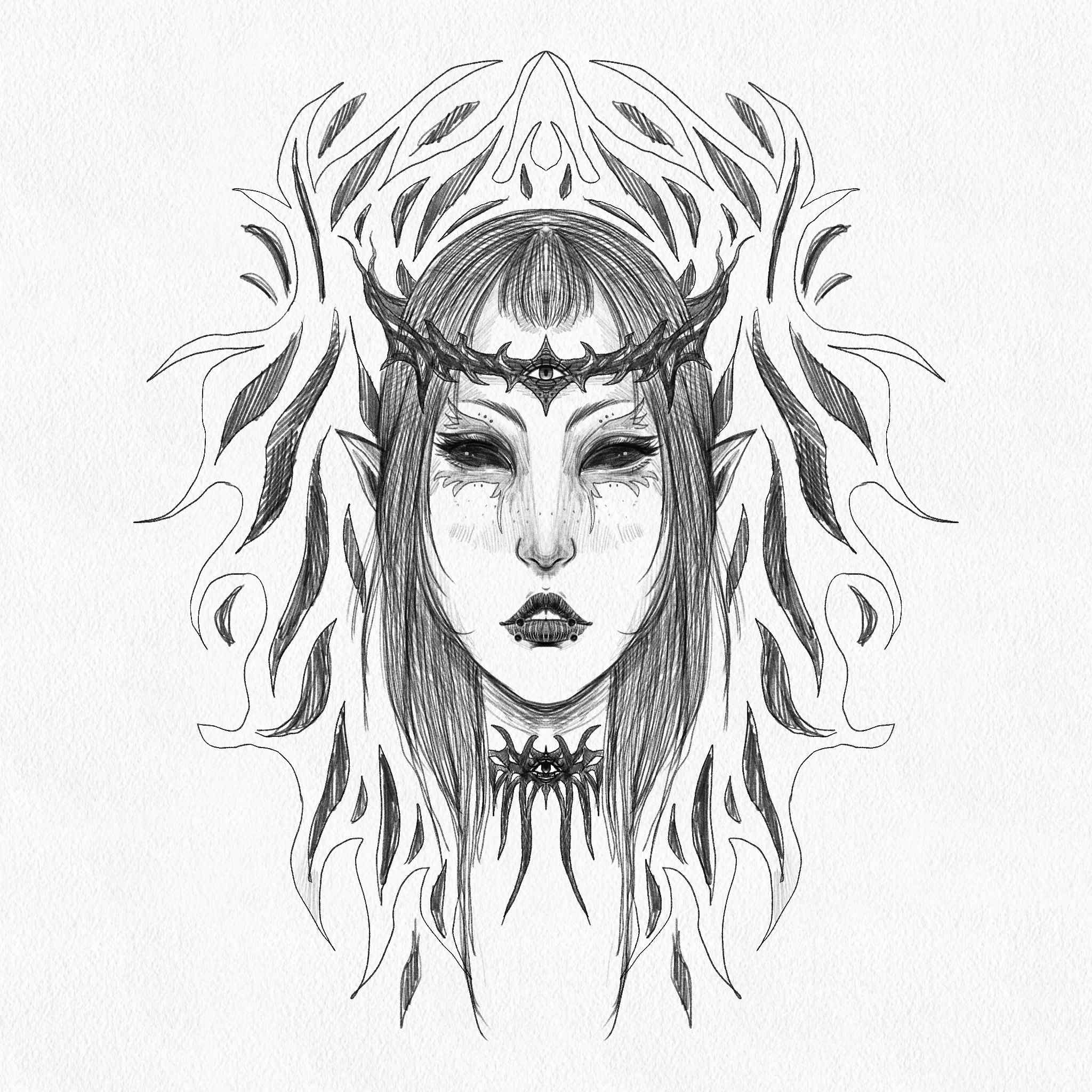 digital symmetrical pencil drawing of a pointy eared woman with medium length hair. Her eyes are solid black, and she wears a color and crown that are shaped like flames.